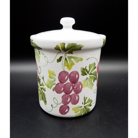 Pier 1 Imports Hand-Painted Grapes Vines Lidded Canister 7 Inch - Picture 4 of 10